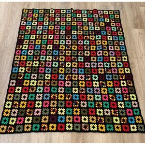 Vintage Handmade Granny Square Crochet Afghan Thrown Blanket Bright‎ Multi-color